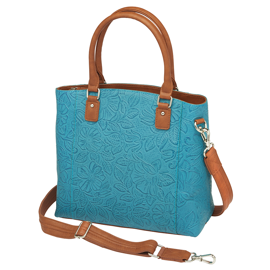 Town Tote, Tooled Cowhide Turquoise Blue