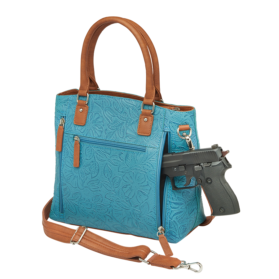 Town Tote, Tooled Cowhide Turquoise Blue