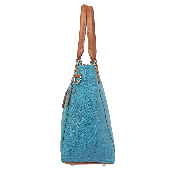 Town Tote, Tooled Cowhide Turquoise Blue